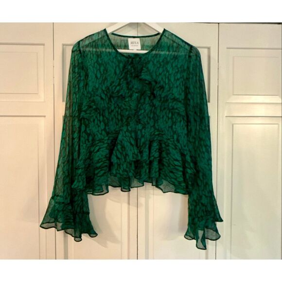 Misa Los Angeles Demaris green ruffled tie neck blouse M - Picture 3 of 10